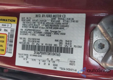 2013 Ford Fusion Se from USA, damaged, VIN 3FA6P0H97DR104165
